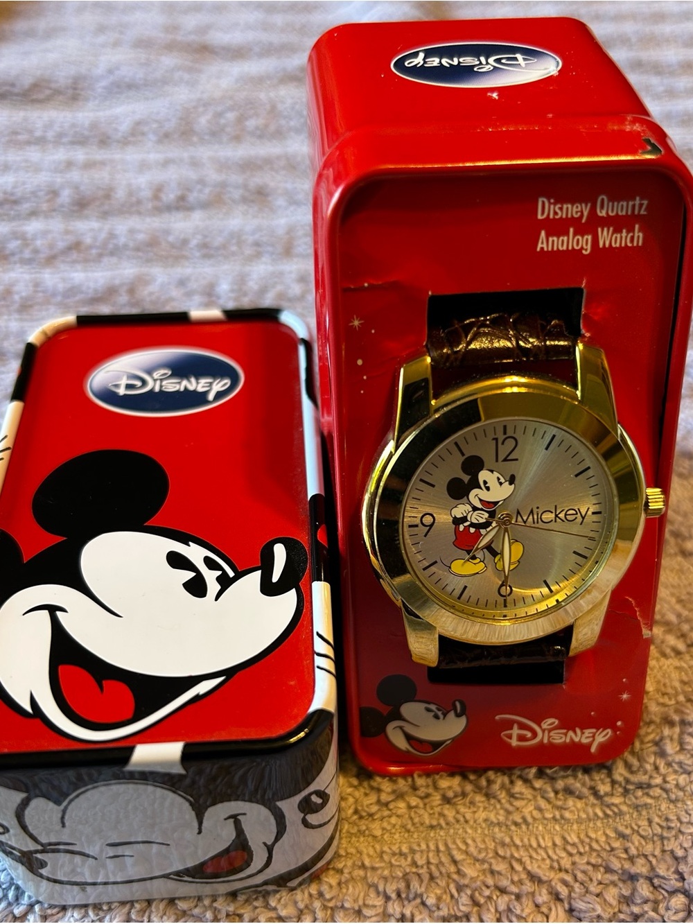 Disney Gold and Brown Mickey Mouse Watch with Red Tin